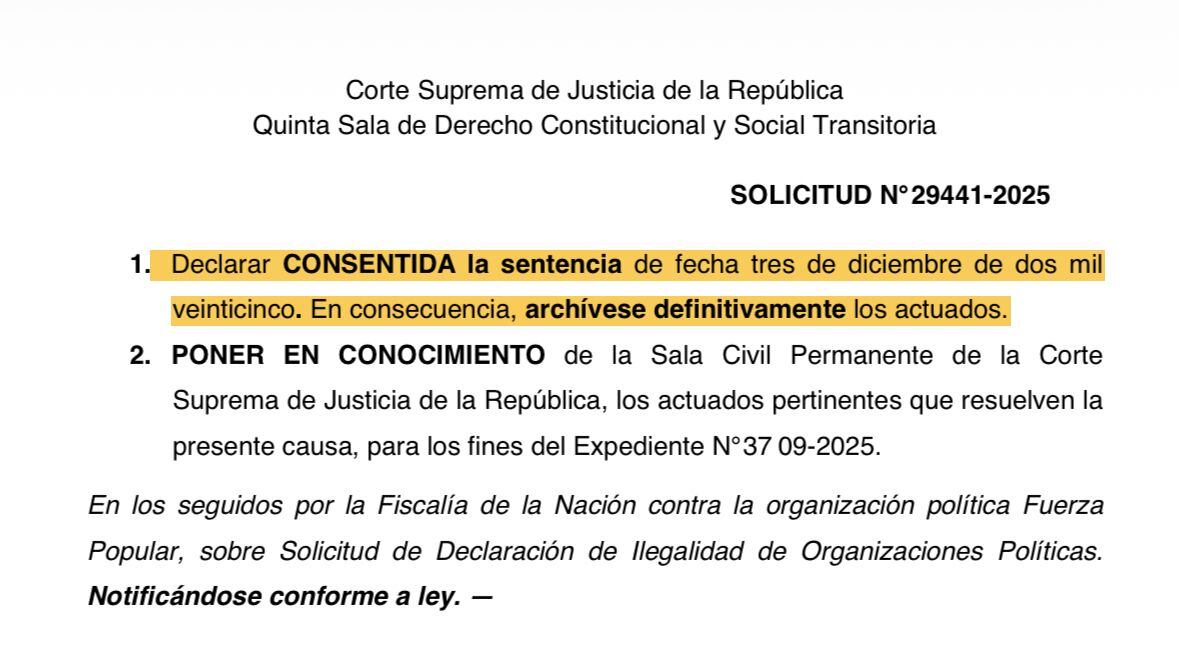 PJ declara consentida la sentencia que rechaza declarar ilegal a Fuerza Popular