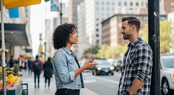 Una mujer con cabello rizado y un hombre de pie, conversando en una calle urbana con edificios altos al fondo. Se ve un puesto de frutas a la izquierda.