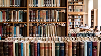 Estanterías de madera repletas de libros encuadernados sobre derecho y personas sentadas al fondo en mesas de estudio.