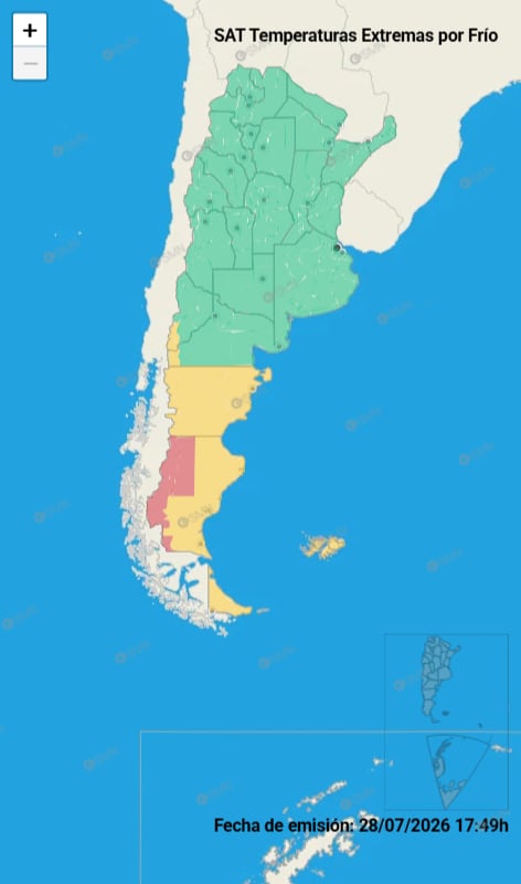 Un mapa del Servicio Meteorológico Nacional indica alertas por temperaturas extremas de frío en Argentina, con fecha de emisión del 28 de julio de 2026.