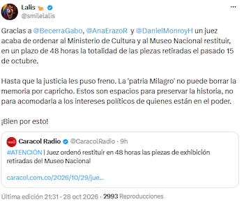 Lalis celebró el pronunciamiento del juzgado - crédito @smilelalis/X