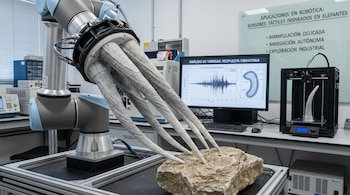 Brazo robótico con réplicas de vibrisas blancas sobre una roca, un monitor con gráfico, una impresora 3D y una pizarra con texto en un laboratorio.