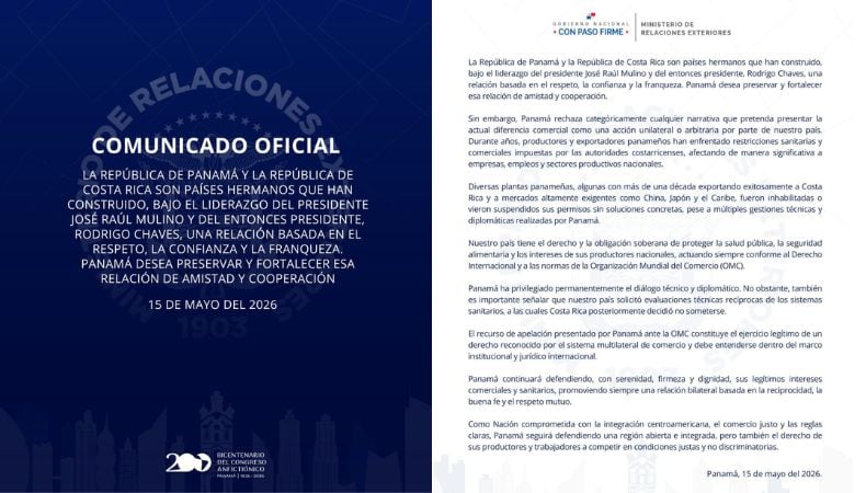 El Ministerio de Relaciones Exteriores de Panamá denuncia restricciones sanitarias y comerciales impuestas por autoridades costarricenses a exportadores panameños. (Cortesía: Cancillería de Panamá)