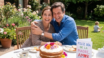 Una mujer y un hombre sonrientes abrazados en una mesa al aire libre con un pastel, desayuno y una tarjeta de "Feliz Día de la Madre" en un jardín.