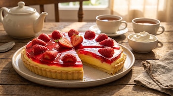 Tarta con frutillas, gelatina y crema pastelera, una tetera blanca, dos tazas con té y un cuenco con crema sobre una mesa de madera.