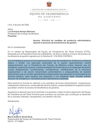 Documento oficial con membrete de la Presidencia Electa y logo institucional. Texto de carta a Luis Arroyo Sánchez y firma de Marco Vinelli
