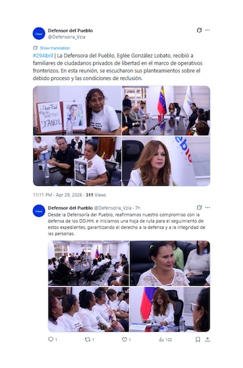 Collage de cuatro imágenes: la Defensora del Pueblo de Venezuela en una reunión y familiares de detenidos mostrando fotos de sus seres queridos en un evento
