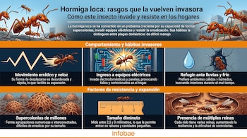Infografía explicativa con seis recuadros ilustrados sobre el comportamiento, tamaño y resistencia de la hormiga loca, con el logotipo de Infobae.