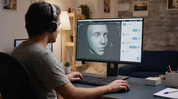 Un hombre con audífonos sentado frente a un monitor que exhibe una cabeza en malla tridimensional y una ventana de chat en un escritorio.