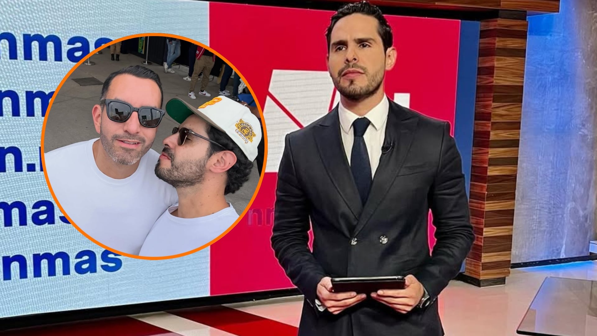 El conductor de Foro TV, en su estudio de noticias, presenta una imagen superpuesta de su publicación personal junto a otro hombre que se viralizó, generando sorpresa en su audiencia. (Said ochoa: Instagram)