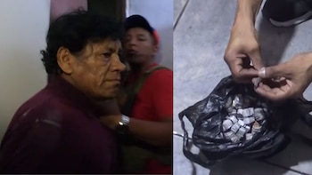Imagen dividida: a la izquierda, un hombre es detenido; a la derecha, manos manipulan una bolsa negra llena de pequeños paquetes blancos