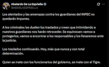 El presidente Abelardo De La Espriella afirmó que la política de traslados de internos se mantendrá en ejecución a pesar de las intimidaciones - crédito @ABDELAESPRIELLA / X