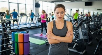 Primer plano de una mujer con top gris, el ceño fruncido y los brazos cruzados en un gimnasio con pesas, colchonetas y personas ejercitándose al fondo.