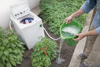 Persona vertiendo agua jabonosa de un cubo verde sobre tierra. Una lavadora blanca con ropa está a la izquierda, conectada con una manguera que recoge el agua.