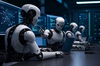 Varios robots androides blancos sentados frente a computadoras y monitores en una sala de servidores con luz azul.