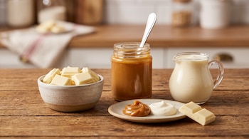 Un cuenco con cuadros de chocolate blanco, un frasco de dulce de leche y una jarra de crema sobre una mesa de madera.