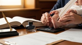 Manos de adulto sostienen los pies de un bebé sobre un tintero para huellas en una notaría con una pluma de ave, documentos y un libro.