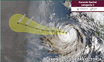 Mapa satelital con la trayectoria del huracán Rachel, cono de pronóstico amarillo y logotipos de la Conagua y del Servicio Meteorológico Nacional