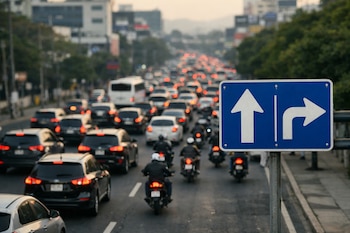 Una calle urbana con tres carriles llena de autos y motocicletas, con luces de freno encendidas. Un letrero azul de tránsito con flechas de frente y derecha.