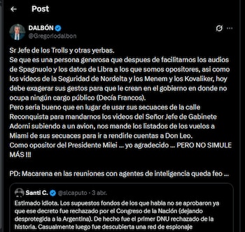 El cruce en X entre Santiago Caputo y Gregorio Dalbón