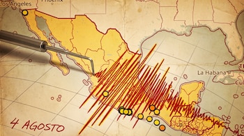 Mapa de México, Estados Unidos y Cuba con stylus de sismógrafo, líneas rojas de actividad sísmica, puntos amarillos y naranjas y la fecha 4 AGOSTO.