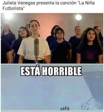 Meme de dos paneles. Arriba: Julieta Venegas cantando con un micrófono y un coro de mujeres. Abajo: Paisaje helado con la frase en mayúsculas 'ESTÁ HORRIBLE'