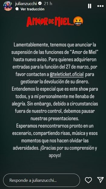 Comunicado de Julián Zucchi. Instagram/@julianzucchi