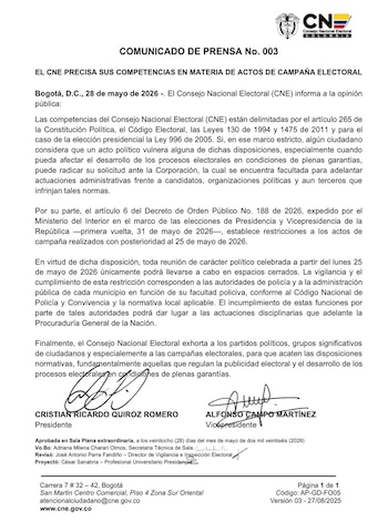 El pronunciamiento también incorporó las restricciones definidas por el Ministerio del Interior a través del Decreto de Orden Público No. 188 de 2026 - crédito CNE
