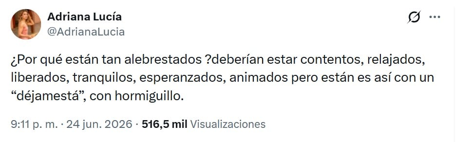 La cantante Adriana Lucía cuestionó que desde la derecha tuvieran una actitud violenta tras la derrota del Pacto Histórico en las urnas - crédito @AdrianaLucia/X