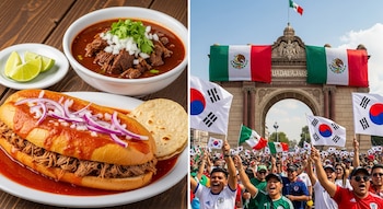 Primer plano de torta ahogada y birria; detrás, un fan fest en Guadalajara con multitudes, banderas de México y Corea del Sur y un arco monumental.