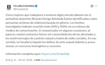 Los hechos investigados por la Fiscalía se habrían registrado entre julio de 2012 y junio de 2024, un periodo de aproximadamente 12 años - crédito @FiscaliaCol/X