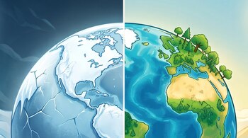 Ilustración del planeta Tierra dividido verticalmente. La mitad izquierda está congelada y agrietada; la mitad derecha muestra continentes verdes, árboles y océanos azules.