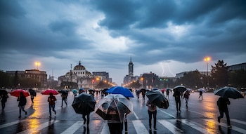 Vista urbana de la Ciudad de México al anochecer. Personas corren con paraguas bajo una fuerte lluvia. Calles mojadas reflejan luces. Relámpagos visibles sobre edificios.