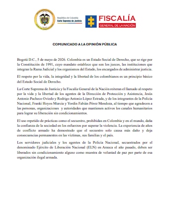La Corte Suprema de Justicia y la Fiscalía General de la Nación reiteraron que la administración de justicia corresponde exclusivamente a las instituciones del Estado y exigieron la liberación inmediata de los retenidos - crédito Corte Suprema de Justicia