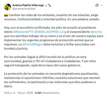 La senadora Padilla compartió el mensaje en su perfil de X la noche del jueves 24 de junio de 2026 - crédito @andreanimalidad/X
