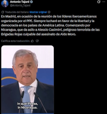 El canciller Antonio Tajani señaló en Madrid la responsabilidad de Nicaragua por proteger a Alessio Casimirri, implicado en el caso Moro (Cortesía: @Antonio_Tajani).