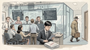 Dibujo de una oficina moderna con empleados perplejos ante monitores que muestran diagramas y código generado por IA. Un joven firma papeles, un cartel dice "NO AI", y un hombre mayor se retira.