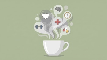 Ilustración plana de una taza de té blanca de la que emanan estelas de humo gris y blanco con burbujas que contienen símbolos de salud. Fondo verde claro.