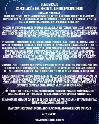 Se anuncia cancelación de Festival