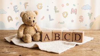 Un oso de peluche sentado sobre una manta clara junto a cuatro cubos de madera con las letras A, B, C y D, sobre una mesa con dibujos de fondo.
