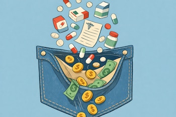 Ilustración de un bolsillo de pantalón lleno de monedas y billetes, mientras que de la parte superior caen pastillas, cajas de medicamentos y una receta médica.
