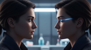 Dos perfiles de mujer idénticos se enfrentan en primer plano; uno de los rostros proyecta una línea de luz azul brillante desde su ojo. El fondo es borroso.