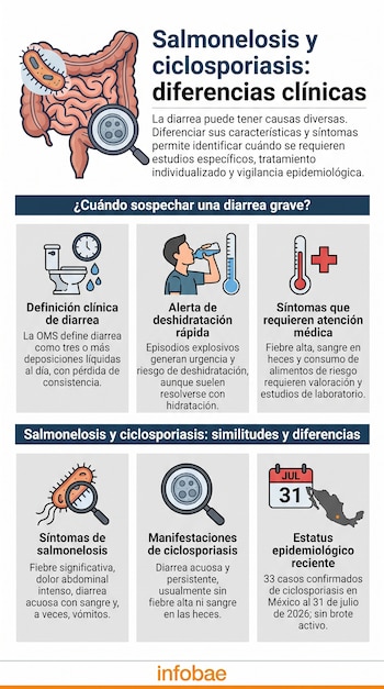 Infografía con intestinos, bacterias, lupas, inodoro, persona bebiendo, termómetros, calendario, mapa de México y textos informativos sobre enfermedades.