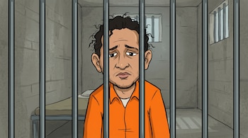 Caricatura de un hombre con cabello rizado oscuro, uniforme naranja de prisión, mirando hacia abajo dentro de una celda con barrotes grises.