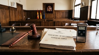 Un mazo de madera, carpetas de expedientes judiciales y un alcoholímetro digital sobre un escritorio de madera en una sala de tribunal.