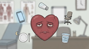 Ilustración de un corazón rojo con rostro agotado y agrietado, rodeado de íconos de un celular, salero, silla, yogur light y cena tardía, en un consultorio borroso.