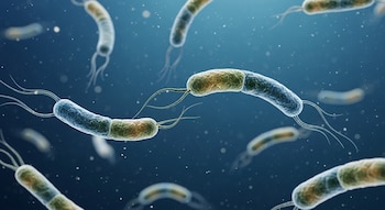 Bacterias microscópicas con formas curvas y alargadas, de tonos azules y verdes, con flagelos, flotan en un entorno acuático azul.