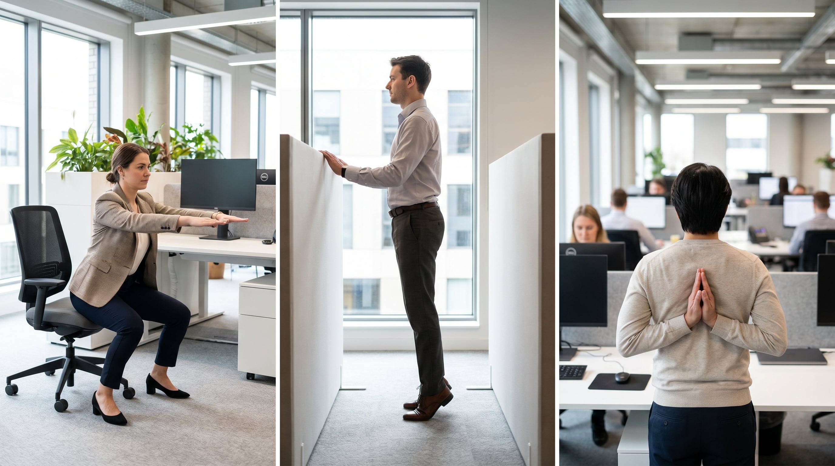 Empleados realizan ejercicios de bajo impacto en la oficina, incluyendo sentadillas, elevaciones de talones y estiramientos, para combatir el sedentarismo y fomentar un estilo de vida saludable en el trabajo. (Imagen Ilustrativa Infobae)