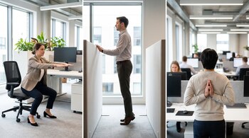 Un tríptico muestra a tres personas realizando ejercicios de oficina: una mujer hace sentadillas en su silla, un hombre elevación de talones y otro estiramientos.