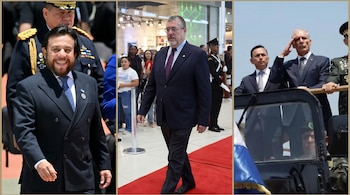 Collage de tres imágenes de hombres. Izquierda: Nasry Asfura sonríe. Centro: Bernardo Arévalo camina. Derecha: Félix Ulloa saluda militarmente desde un vehículo.